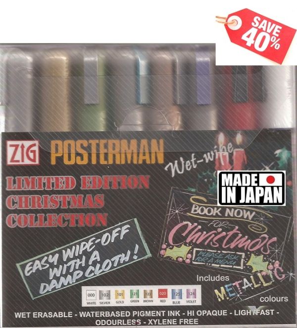 ZIG POSTERMAN WET-WIPE Japan - Комплект маркери за черна дъска и декориране 8бр