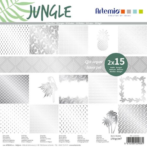 ARTEMIO "JUNGLE" SCRAP BLOCK 170g/m2 - Дизайнерски блок 12"х12" / 30листа картон SILVER FOIL