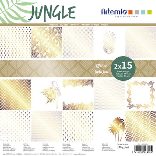 ARTEMIO "JUNGLE" SCRAP BLOCK 170g/m2 - Дизайнерски блок 12"х12" / 30листа картон GOLD FOIL