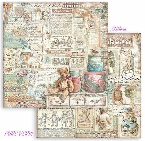 STAMPERIA, BROCANTE ANTIQUES TEDDY BEAR 12x12 Inch Paper Sheets