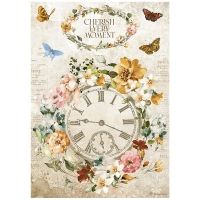 STAMPERIA, A4 Rice Paper  Garden of Promises cherish every moment clock