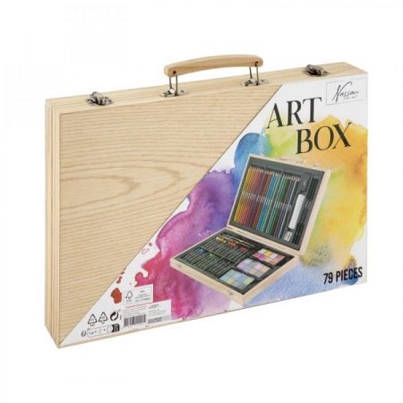 ART SET 79 PC  IN WOODEN BOX CASE - Комплект за рисуване и оцветяване в куфар