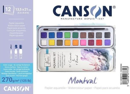 CANSON  NASSAU WATERCOLOUR SET - Комплект АКВАРЕЛ 18 цвята ,четка и Блок  Montval