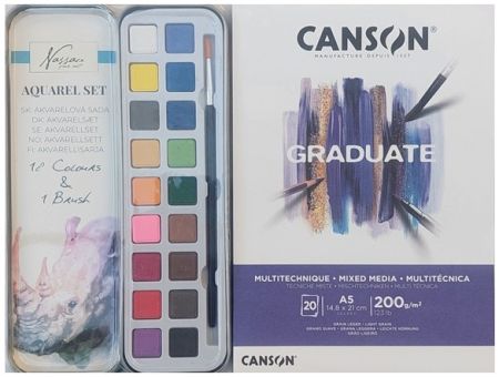 NASSAU CANSON  MIXED MEDIA WATERCOLOUR SET - Комплект АКВАРЕЛ 18 цвята ,четка и Блок А5