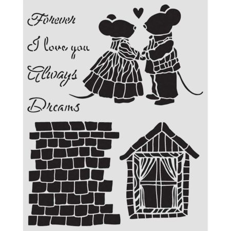 Thick stencil cm 20X25 - Family house and mice - Плътен шаблон за многократна употреба