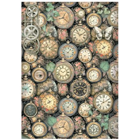 STAMPERIA, A4 Rice Paper - Gardens of Time clock pattern