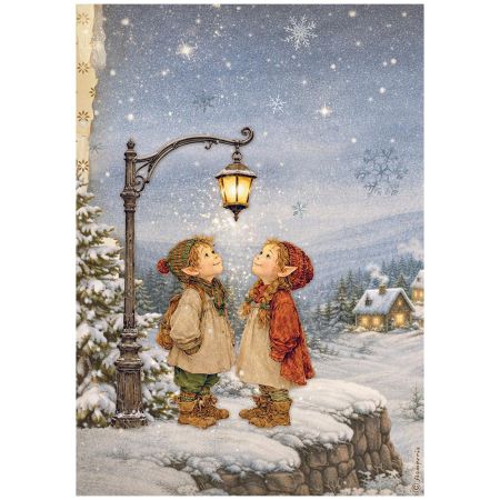 Printed A4 Rice paper for Art and Craft - Silent Night street lamp