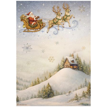 Printed A4 Rice paper for Art and Craft - Silent Night Santa Claus and sleigh