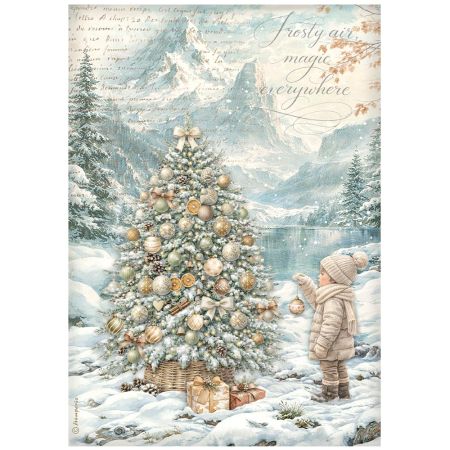 Printed A4 Rice paper for Art and Craft -  White Christmas tree by the lake