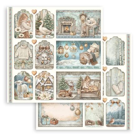 STAMPERIA, 12”x12” (30.5cmX30.5cm) Double sided printed sheet – White Christmas mixed cards and tags