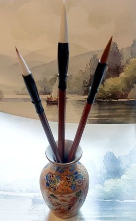 CHINESE CALLIGRAPHY SET MING with 3 brushes and ink vase