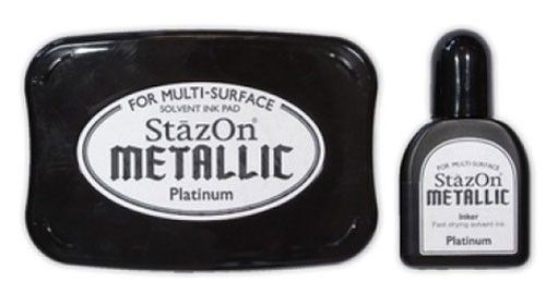 StazOn METALLIC - Тампон + мастило за всякаква твърда или гланцирана повърхност - Платина     