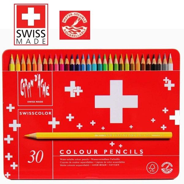 CARAN D'ACHE WATERCOLOUR PENCILS 30 -  АКВАРЕЛНИ цветни моливи за рисуване 30цв / метална кутия