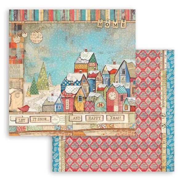 STAMPERIA, Christmas Patchwork Houses Paper Sheets - Дизайнерски скрапбукинг картон 30,5 х 30,5 см.