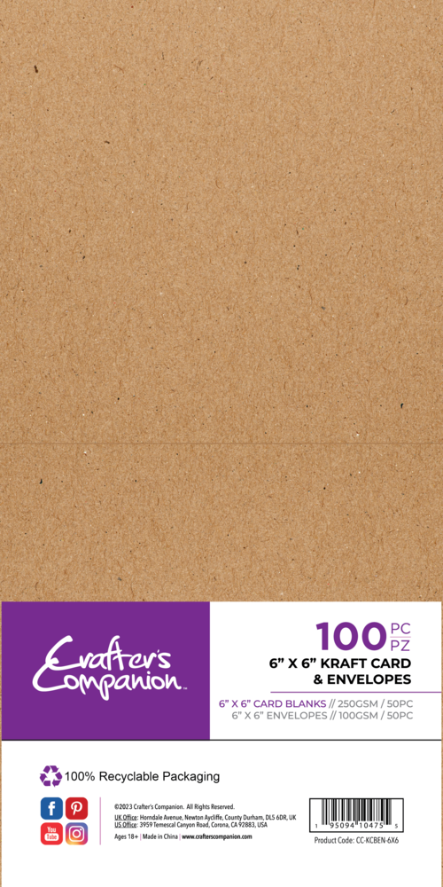 6x6 Cards & Envelopes (100pk)  / 250g 50 картички и 50 плика 15.2 х 15.2 см. - КРАФТ 