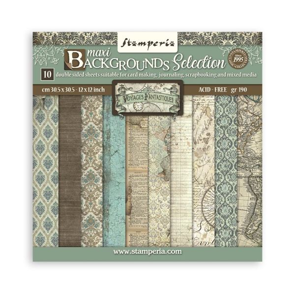 SCRAPBOOKING PAD 10 SHEETS - MAXI BACKGROUND SELECTION - VOYAGES FANTASTIQUES - Дизайнерски блок 12"x12" 