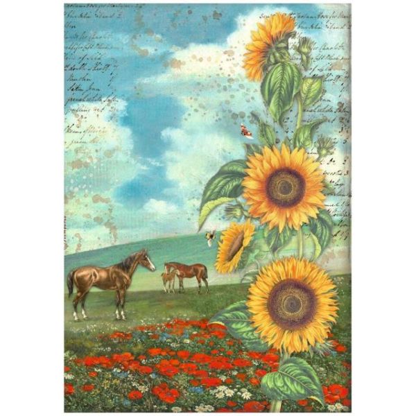 STAMPERIA - SUNFLOWER ART AND HORSES - Оризова декупажна хартия A4