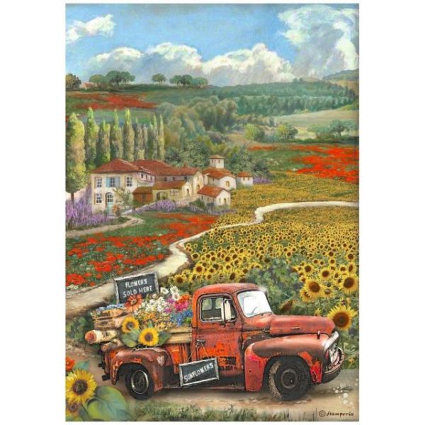 STAMPERIA, A4 Rice Paper SUNFLOWER ART VINTAGE CAR