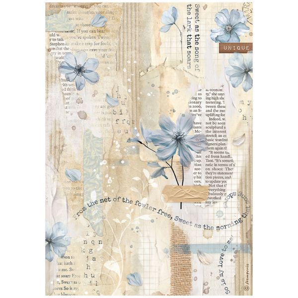 STAMPERIA, A4 Rice Paper CREATE HAPPINESS SECRET DIARY BLUE FLOWER