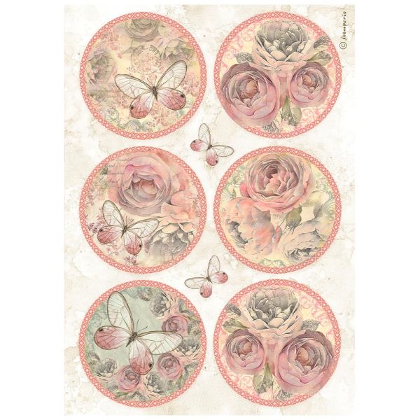 STAMPERIA, A4 Rice Paper SHABBY ROSE 6 ROUNDS