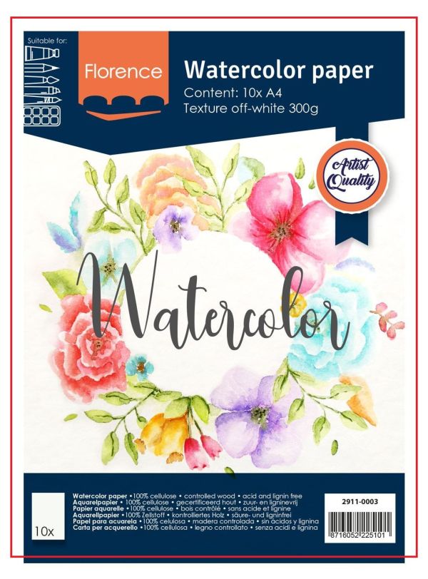 FLORENCE WATERCOLOUR PAPER 300g - АКВАРЕЛНА ХАРТИЯ A4 10л WHITE