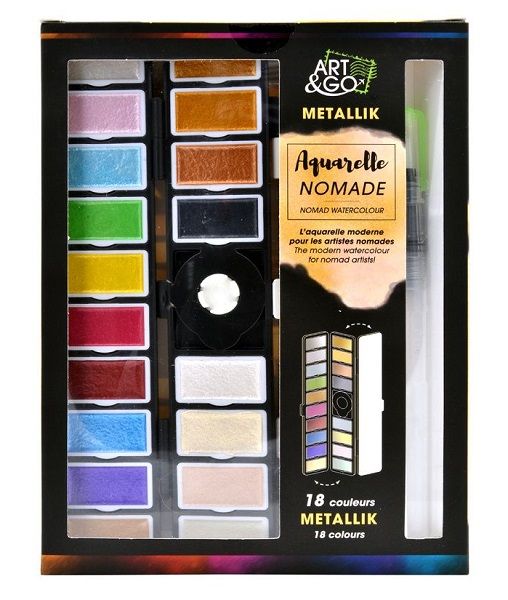 ART & GO NOMADE 18 Watercolours METALLIC - Фин френски МЕТАЛИКОВ акварел 18 цвята + Aquabrush