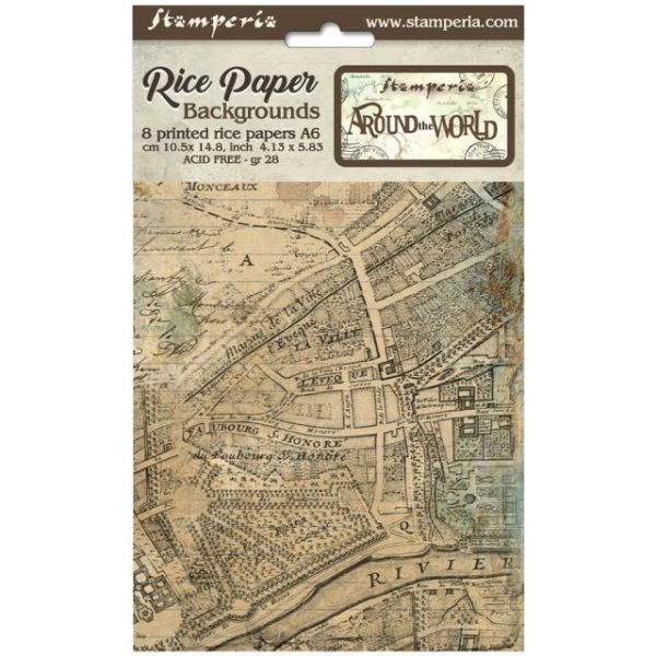 STAMPERIA, Selection 8 Rice paper A6 backgrounds - Around the world
