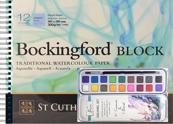 BOCKINGFORD  NASSAU WATERCOLOUR SET - Комплект АКВАРЕЛ 18 цвята ,четка и Блок  Bockingford