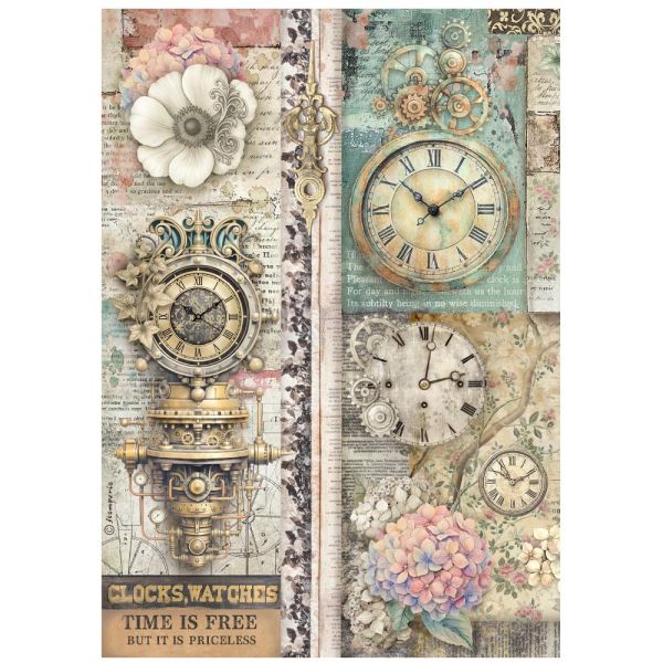 STAMPERIA - Gardens of Time clocks time is free - Оризова декупажна хартия A4