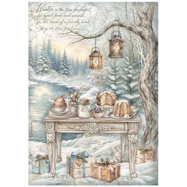 Printed A4 Rice paper for Art and Craft - White Christmas festive table by the lake
