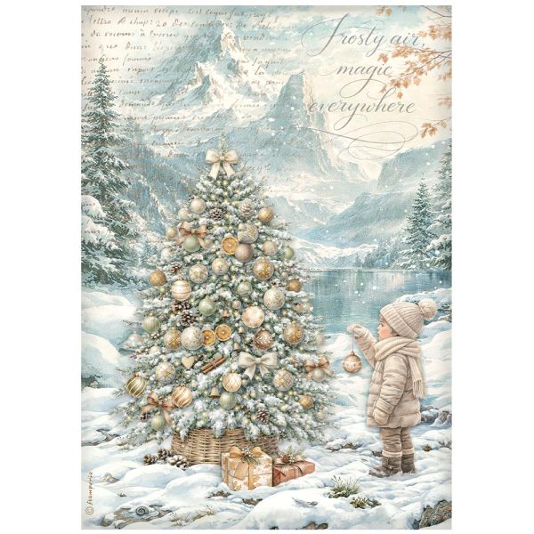 Printed A4 Rice paper for Art and Craft -  White Christmas tree by the lake
