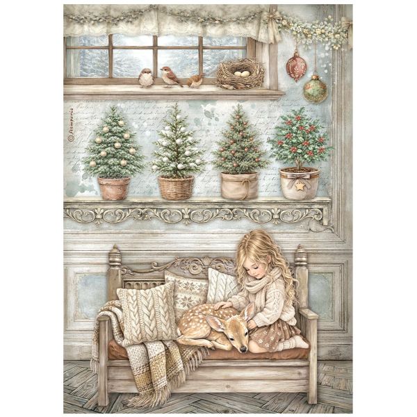 Printed A4 Rice paper for Art and Craft -  White Christmas little girl and a fawn