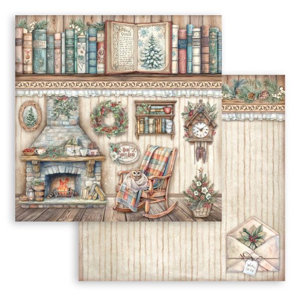 STAMPERIA, 12”x12” (30.5cmX30.5cm) Double sided printed sheet – The Owl's House fireplace