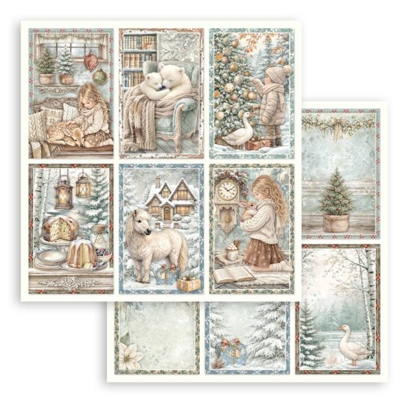 STAMPERIA, 12”x12” (30.5cmX30.5cm) Double sided printed sheet – White Christmas 6 cards