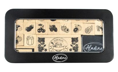 Дизайнерски к-кт гумени печати на дървено блокче + тампон в метална кутия, Aladine