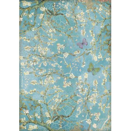 STAMPERIA, A4 Rice Paper Atelier Blossom, Blue Background with Butterfly - Оризова декупажна хартия