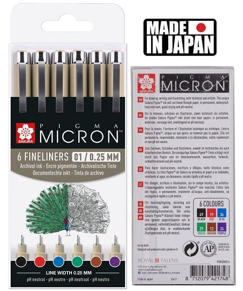 PIGMA MICRON 01 BASIC SET Japan - Профи комплект тънкописци 6цв 