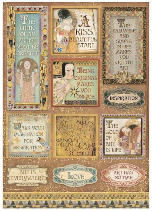 STAMPERIA, A4 Rice Paper Klimt, Quotes and Labels - Оризова декупажна хартия
