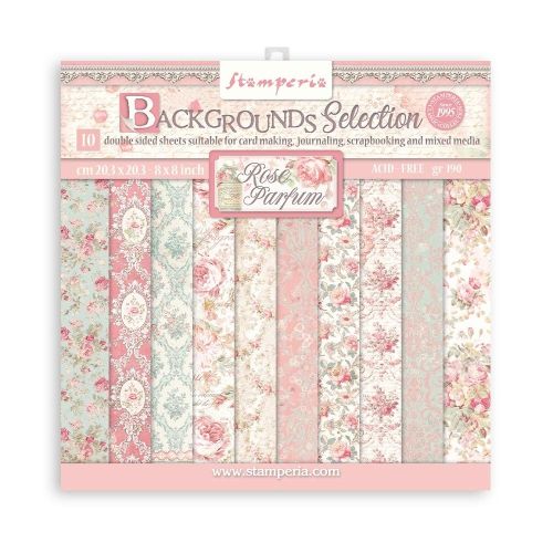 STAMPERIA, Rose Parfum Backgrounds, Paper Pack - Дизайнерски блок, 10л. 20.3 X 20.3 см.