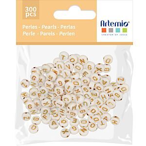 Artemio, 300 Beads White + Gold printing - Mъниста с печат буква, Бяло/злато 300 бр. 