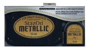 StazOn METALLIC - Тампон + мастило за всякаква твърда или гланцирана повърхност - плътно Злато      