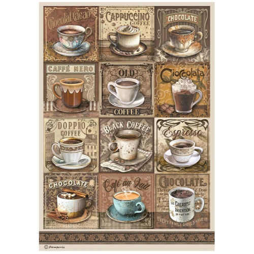 STAMPERIA - Coffee and Chocolate tags with cups - Оризова декупажна хартия A4