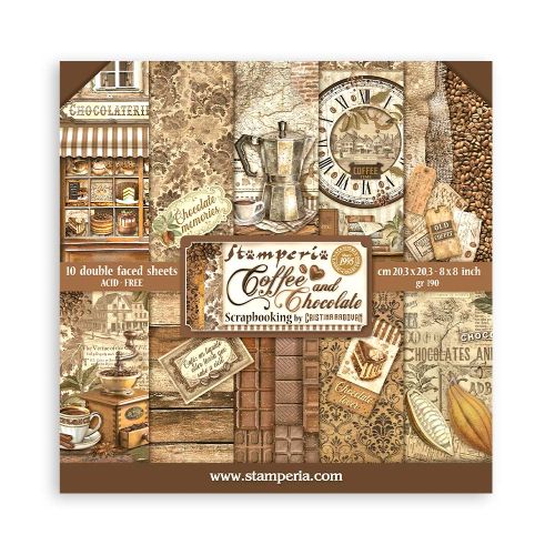 Дизайнерски блок COFFEE AND CHOCOLATE, STAMPERIA 10л. 20.3 X 20.3 см. - 8x8 Inch Paper Pack