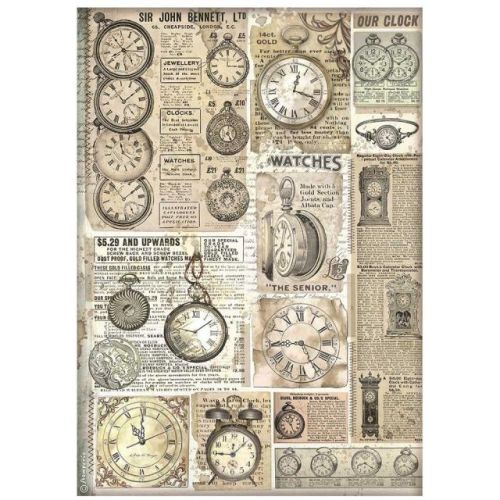 STAMPERIA, A4 Rice Paper Brocante Antiques clocks