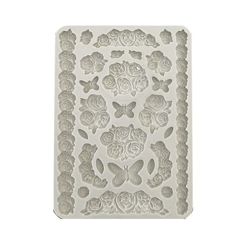 Silicon mold A5 - SHABBY ROSE ROSES AND BUTTERFLY - Силиконова форма за моделиране
