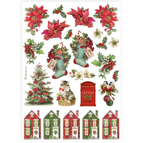 STAMPERIA, A4 Rice Paper  Classic Christmas socks and houses