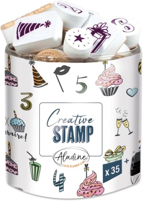Aladine - Birthday Scrap Stampo - Stamp Kit for Creative Cartery - Scrap, DIY, craftwork - Stamp Set to take everywhere + Black Ink Included - Birthday Theme