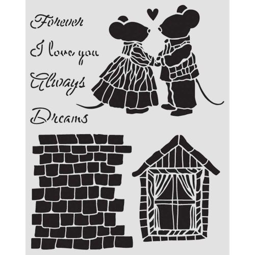 Thick stencil cm 20X25 - Family house and mice - Плътен шаблон за многократна употреба