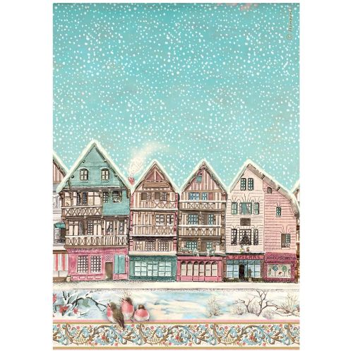 Printed A4 Rice paper for Art and Craft - Winter Magic village