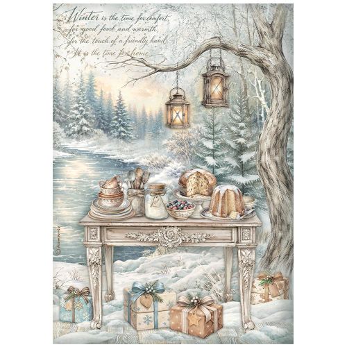 Printed A4 Rice paper for Art and Craft - White Christmas festive table by the lake